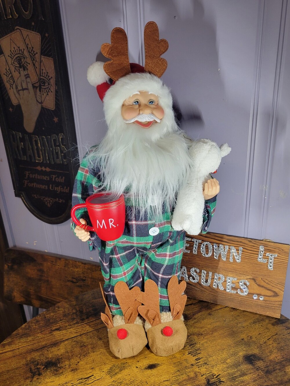 Holiday Time Pajama Santa Figure with Reindeer Slippers and Red Mug